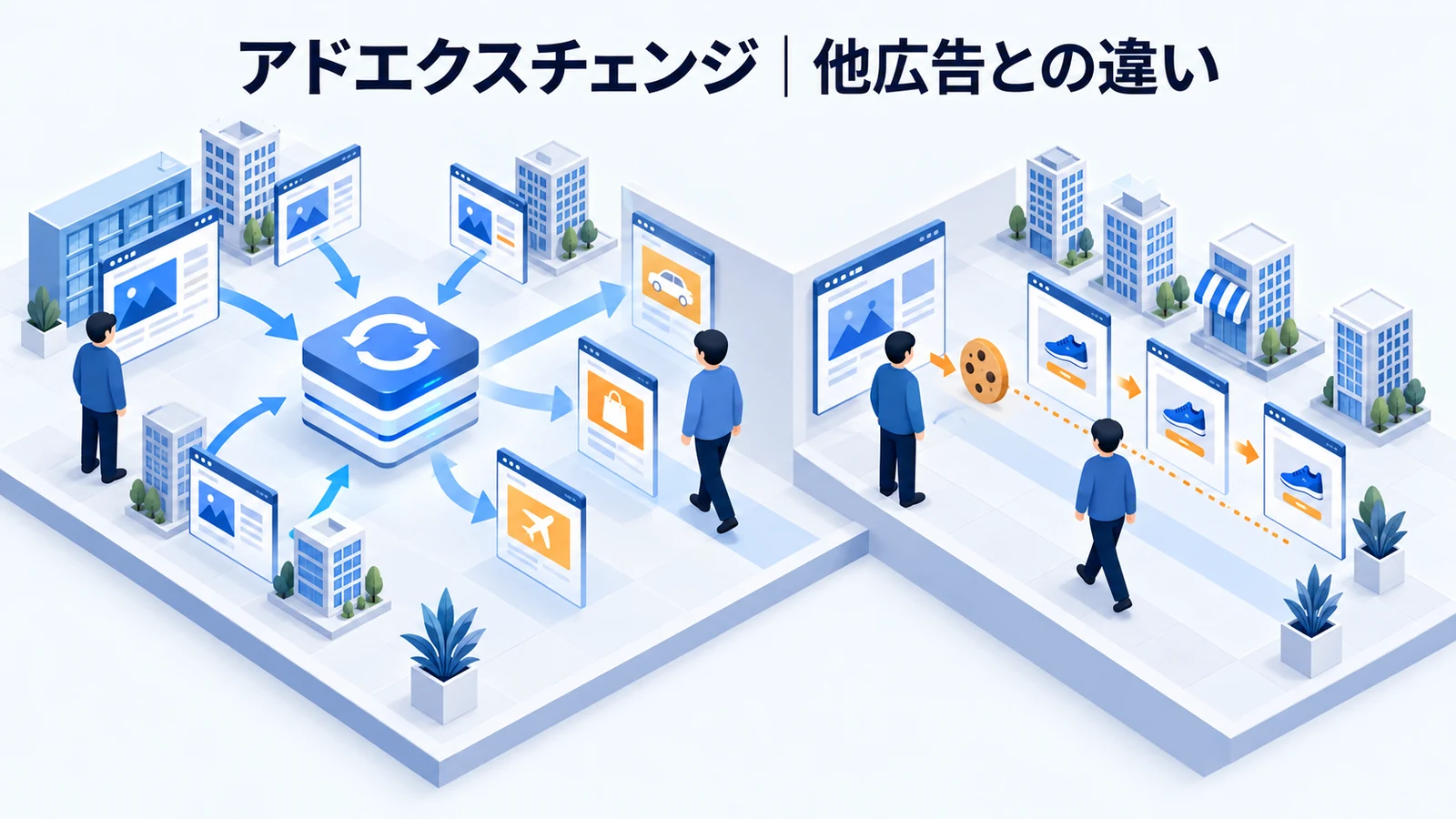 アドエクスチェンジとリターゲティング・他の広告の違いを解説する青白のアイソメトリック図