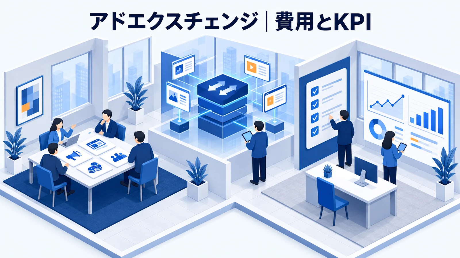 アドエクスチェンジの費用・導入手順・KPIを解説する青白のアイソメトリック図