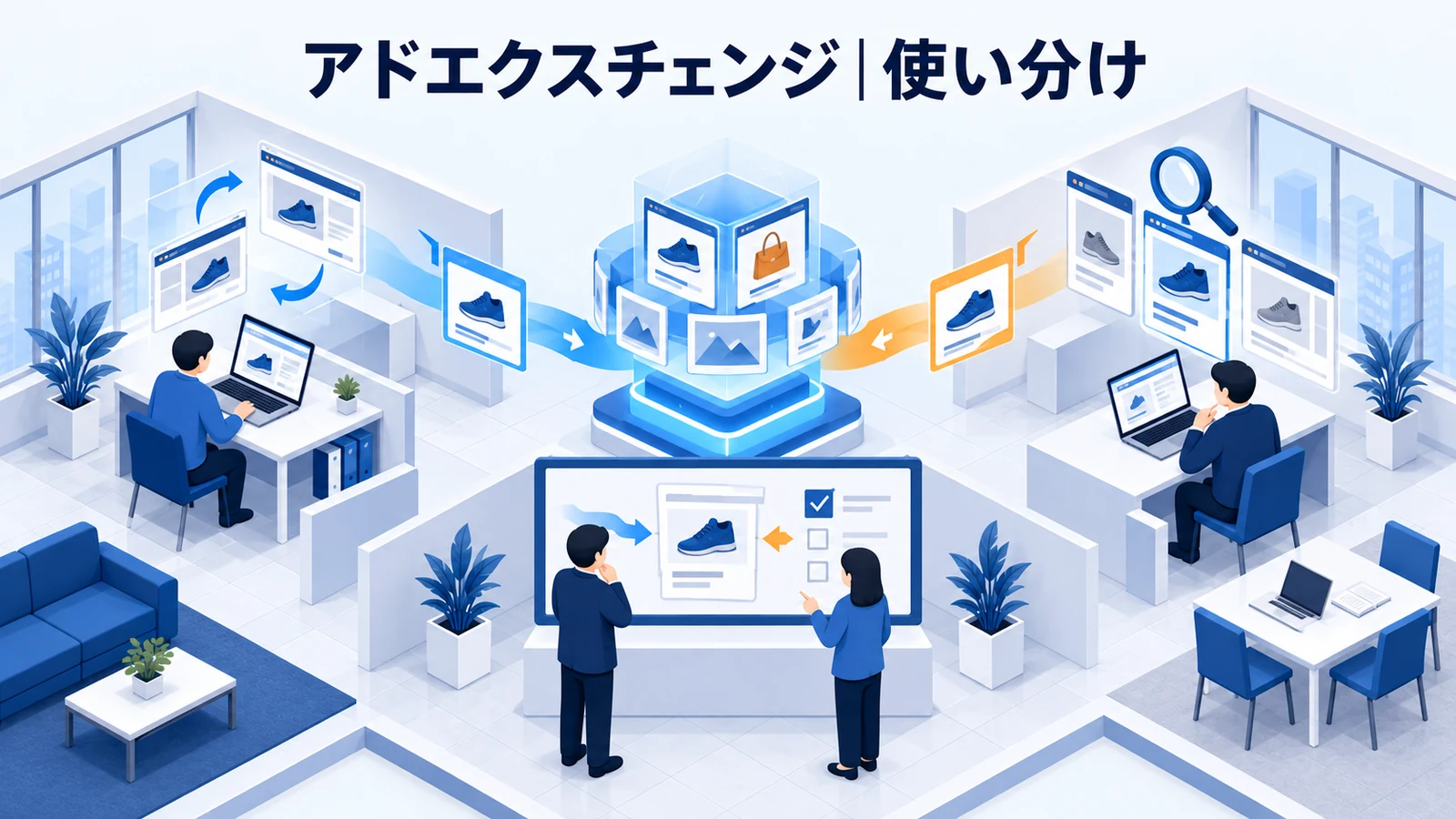 ライバルマーケティング広告との使い分け・FAQを解説する青白のアイソメトリック図