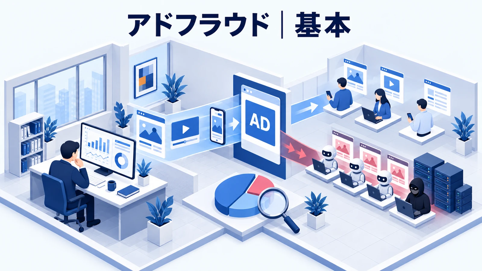 アドフラウドとは？現在の役割を解説する青白のアイソメトリック図
