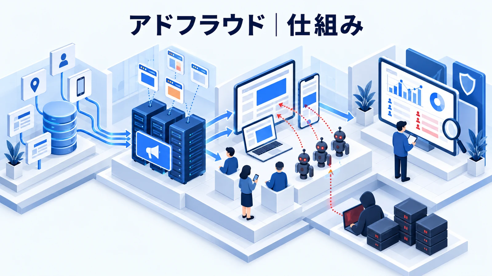 アドフラウドの仕組みと実務上の注意点を解説する青白のアイソメトリック図