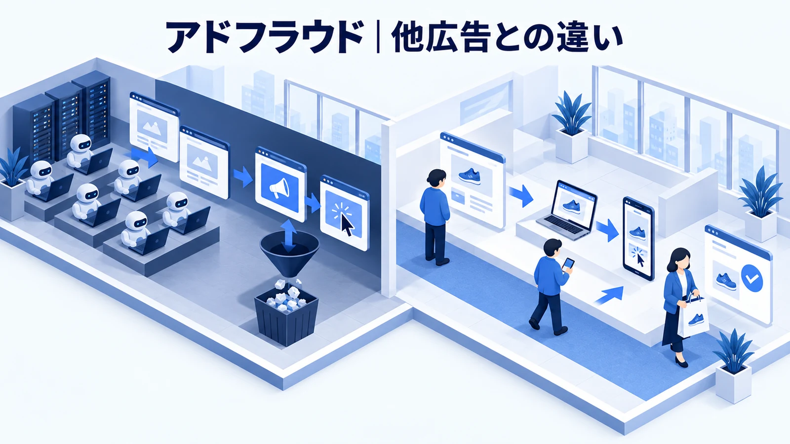 アドフラウドとリターゲティング・他の広告の違いを解説する青白のアイソメトリック図