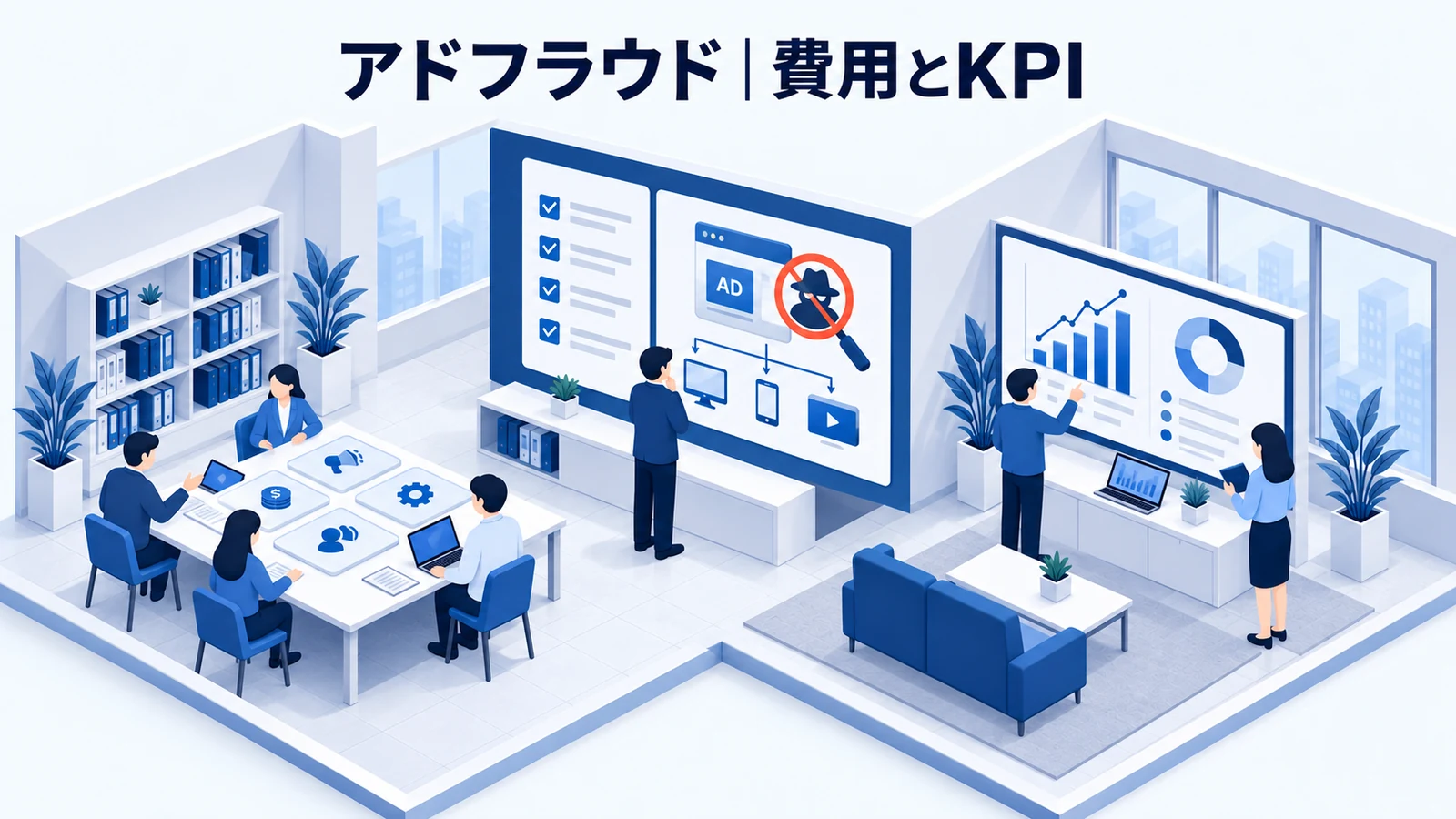 アドフラウドの費用・導入手順・KPIを解説する青白のアイソメトリック図