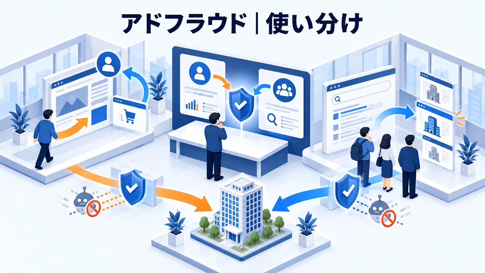 ライバルマーケティング広告との使い分け・FAQを解説する青白のアイソメトリック図