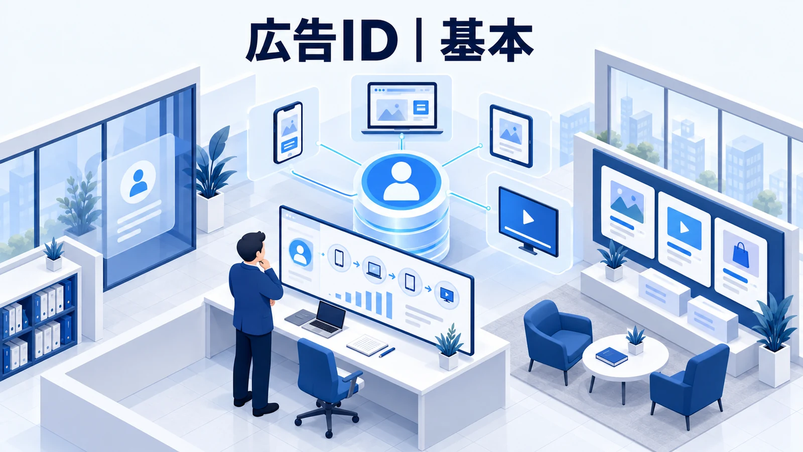 広告IDとは？現在の役割を解説する青白のアイソメトリック図