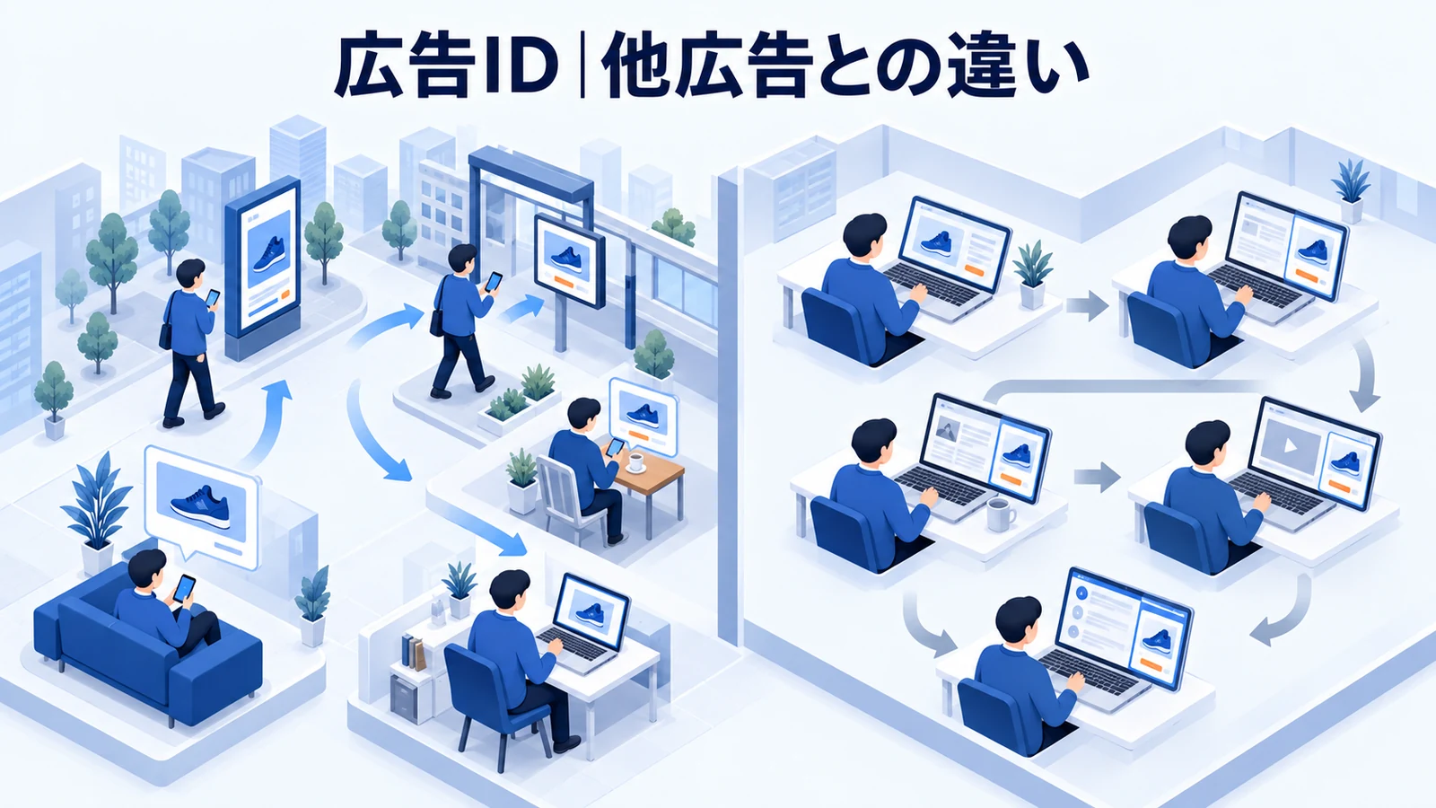 広告IDとリターゲティング・他の広告の違いを解説する青白のアイソメトリック図