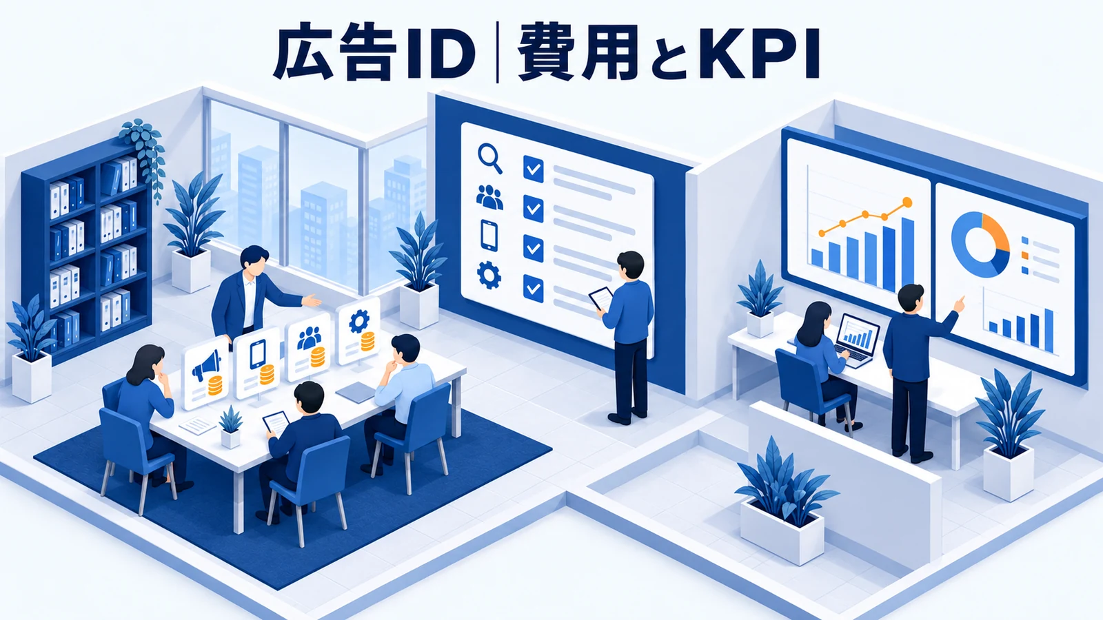広告IDの費用・導入手順・KPIを解説する青白のアイソメトリック図
