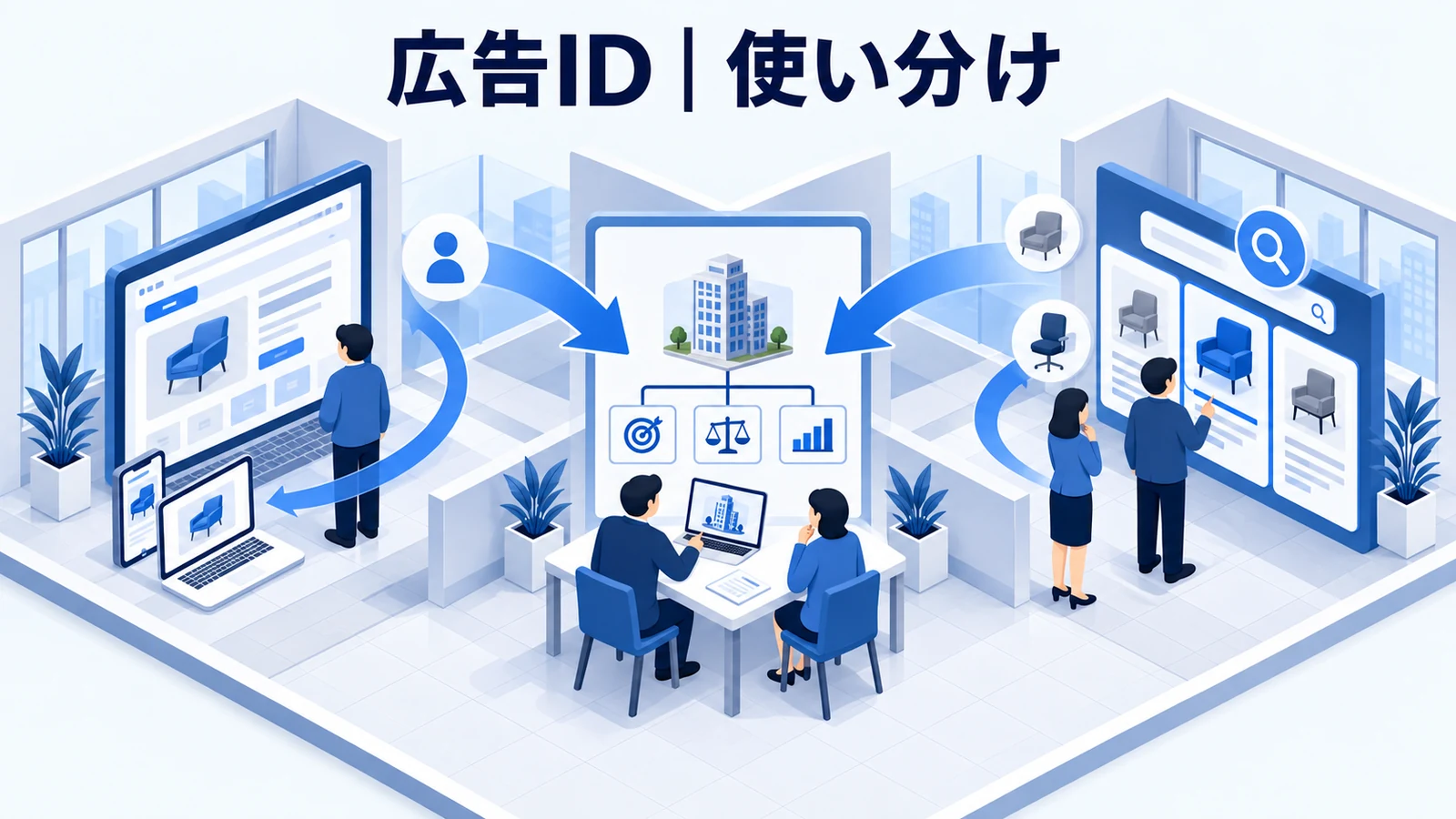 ライバルマーケティング広告との使い分け・FAQを解説する青白のアイソメトリック図