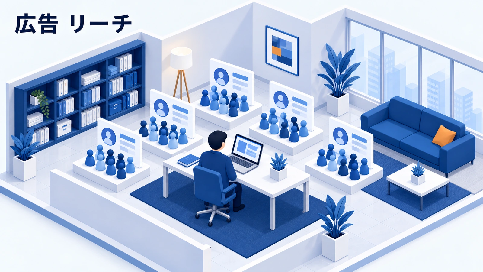 広告 リーチを表した青白のアイソメトリック画像