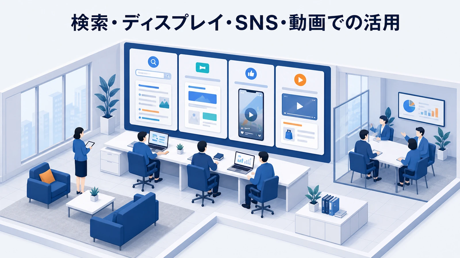検索・ディスプレイ・SNS・動画での活用を示すWeb広告運用