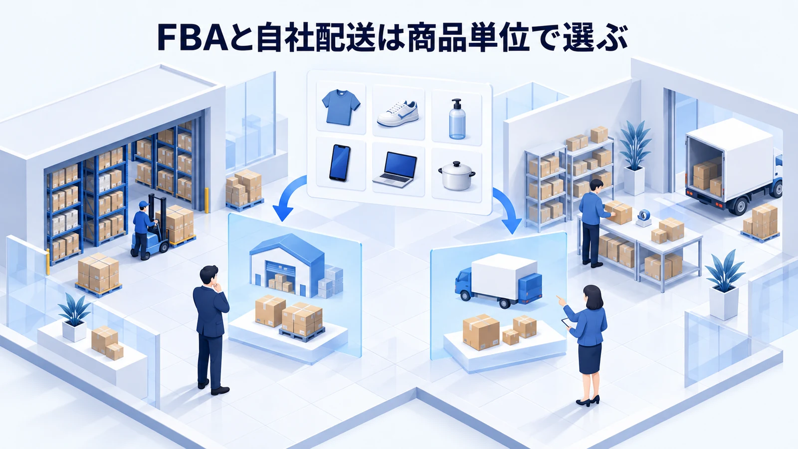 「FBAと自社配送は商品単位で選ぶ」の要点を整理したImage 2.0図解