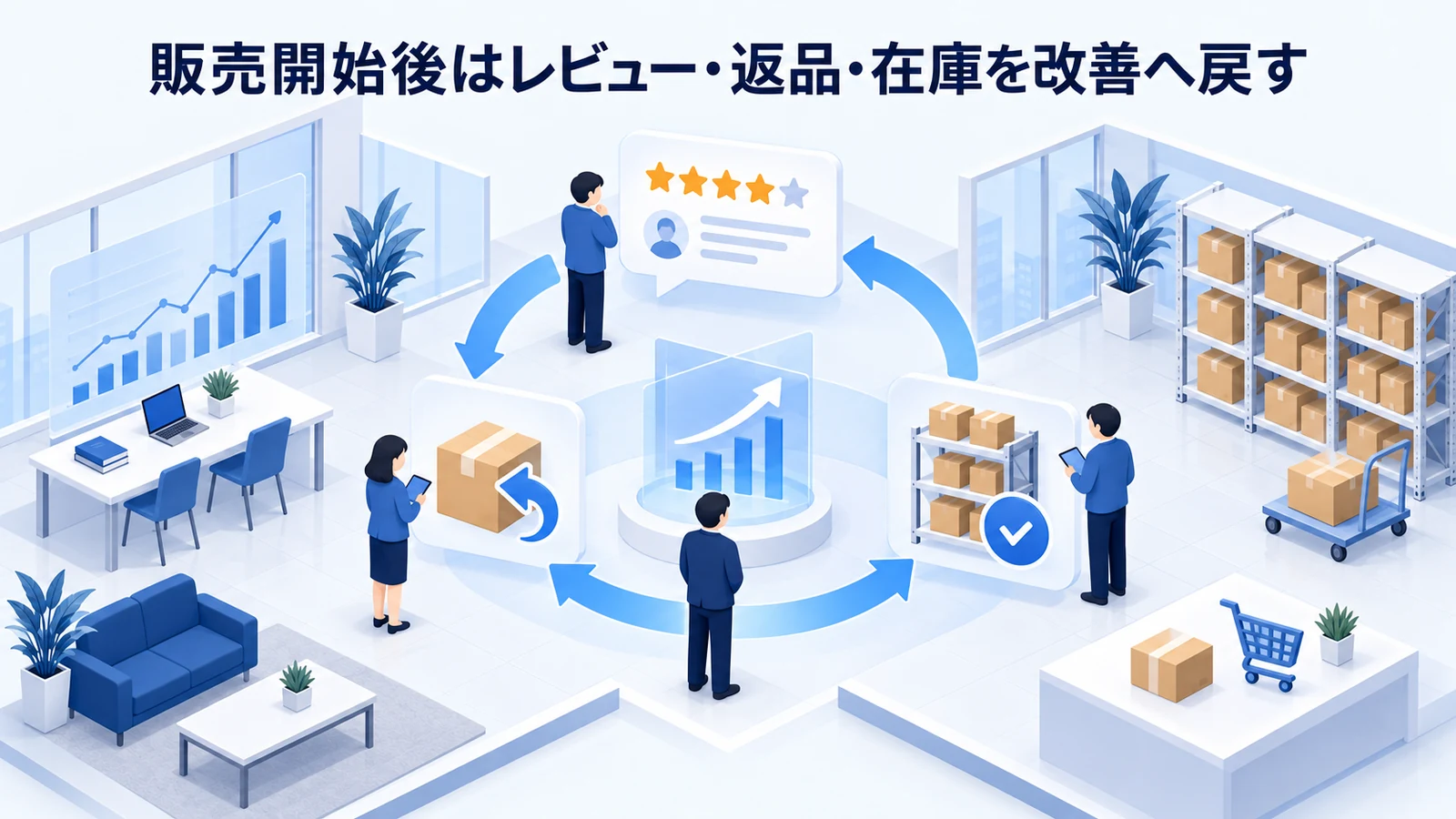 「販売開始後はレビュー・返品・在庫を改善へ戻す」の要点を整理したImage 2.0図解