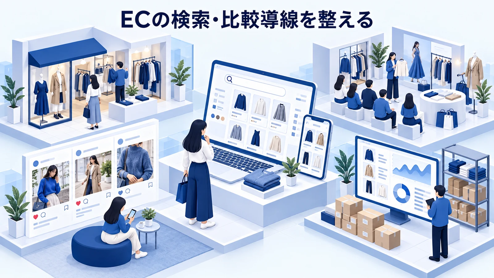 ECの検索・比較導線を整えるを確認するアパレル店舗・EC担当者のImage 2.0図解