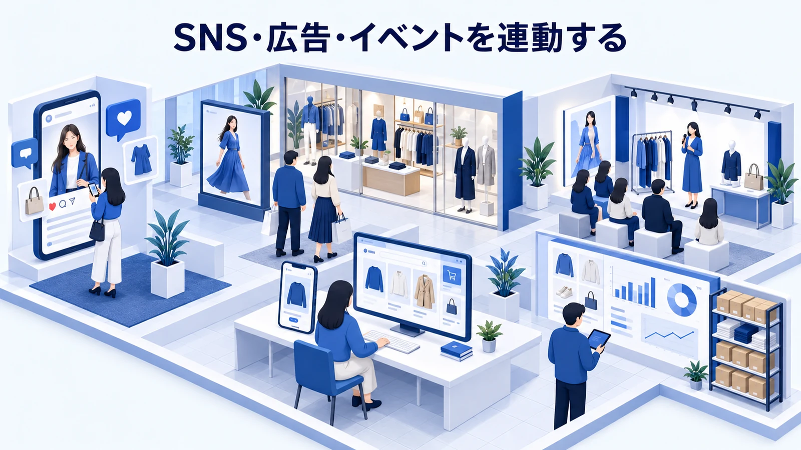 SNS・広告・イベントを連動するを確認するアパレル店舗・EC担当者のImage 2.0図解
