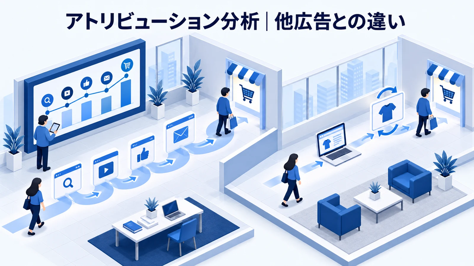 アトリビューション分析とリターゲティング・他の広告の違いを解説する青白のアイソメトリック図