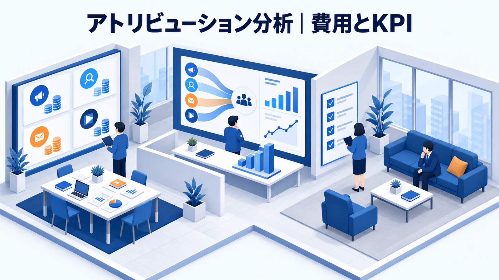アトリビューション分析の費用・導入手順・KPIを解説する青白のアイソメトリック図