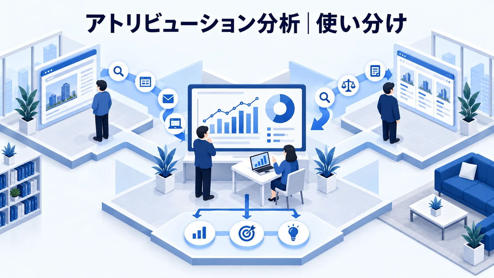 ライバルマーケティング広告との使い分け・FAQを解説する青白のアイソメトリック図