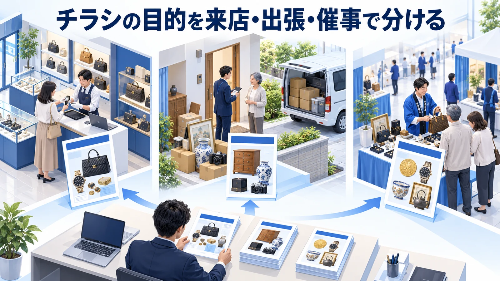 チラシの目的を来店・出張・催事で分けるを整理したImage 2.0図解