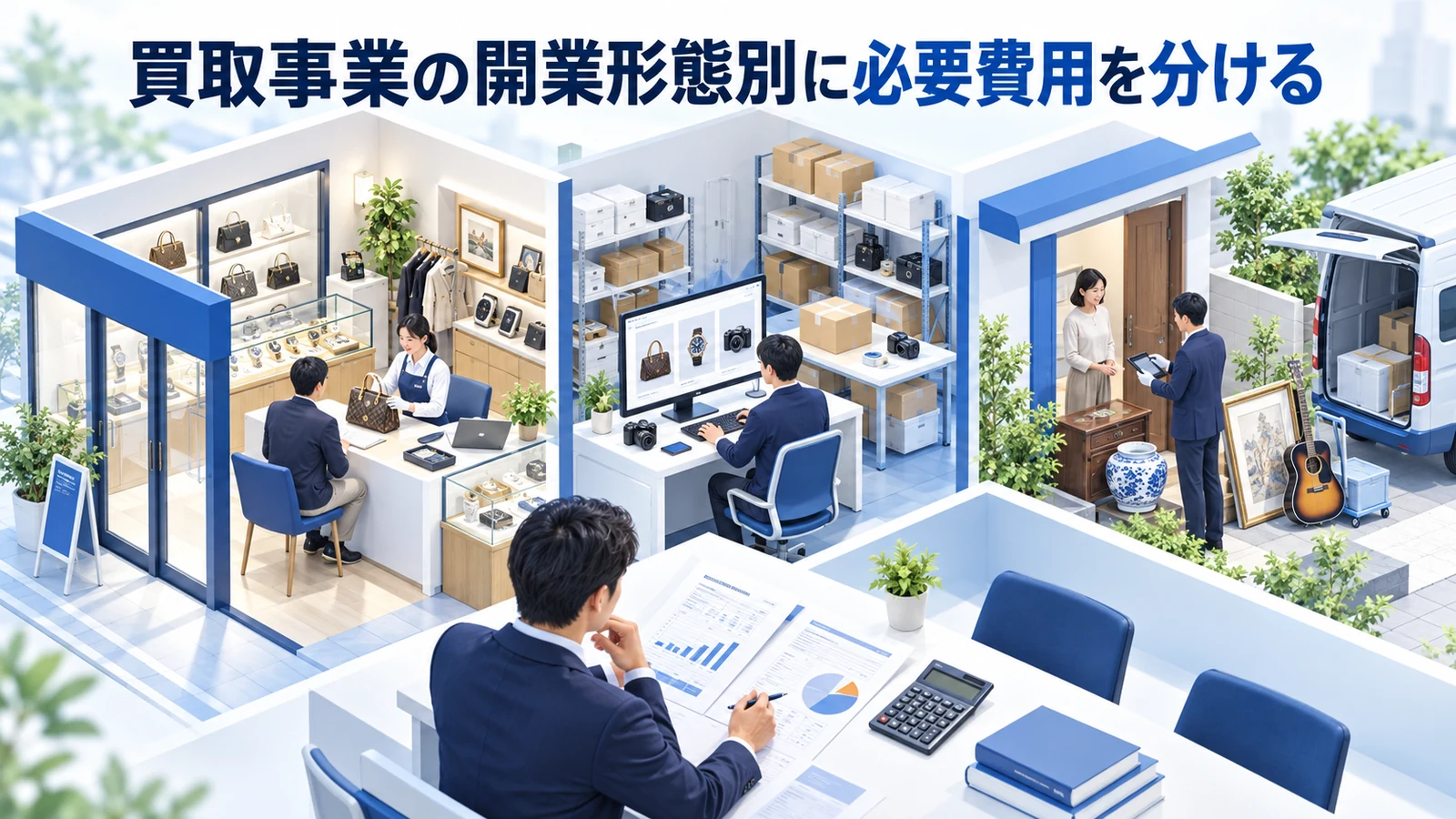 買取事業の開業形態別に必要費用を分けるを整理したImage 2.0図解