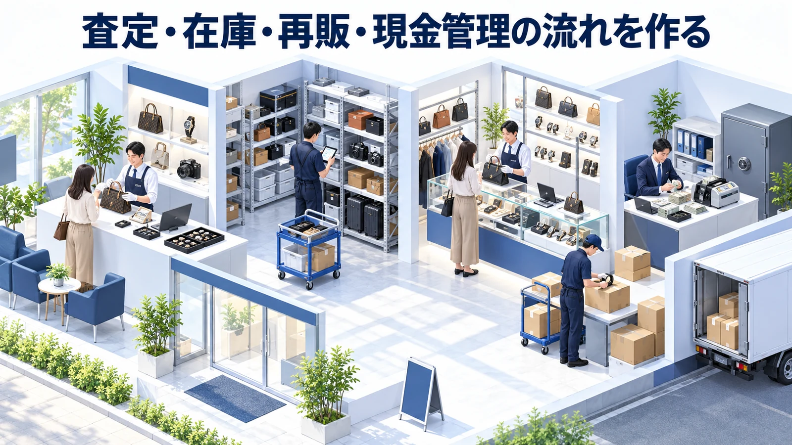 査定・在庫・再販・現金管理の流れを作るを整理したImage 2.0図解
