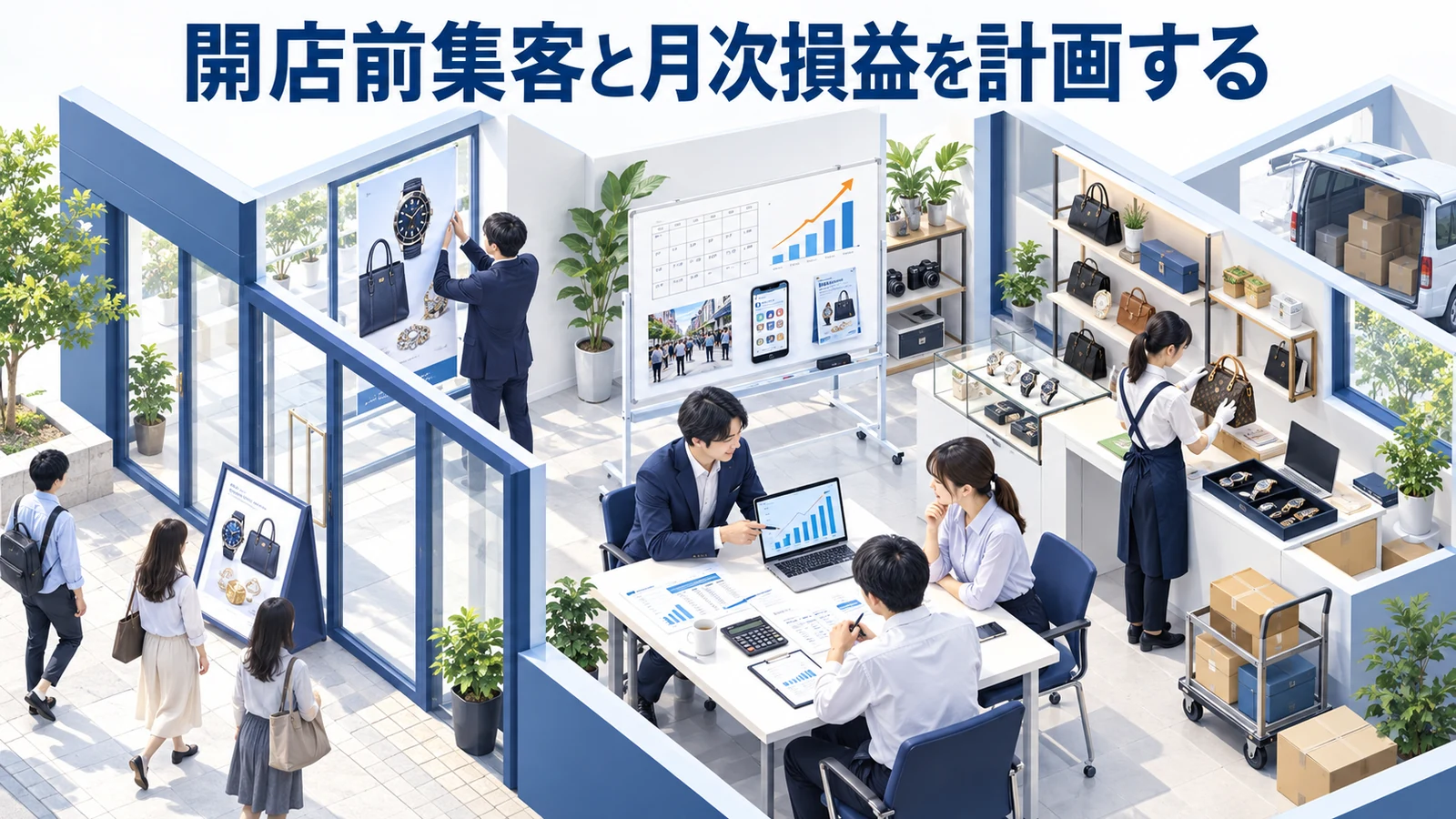 開店前集客と月次損益を計画するを整理したImage 2.0図解