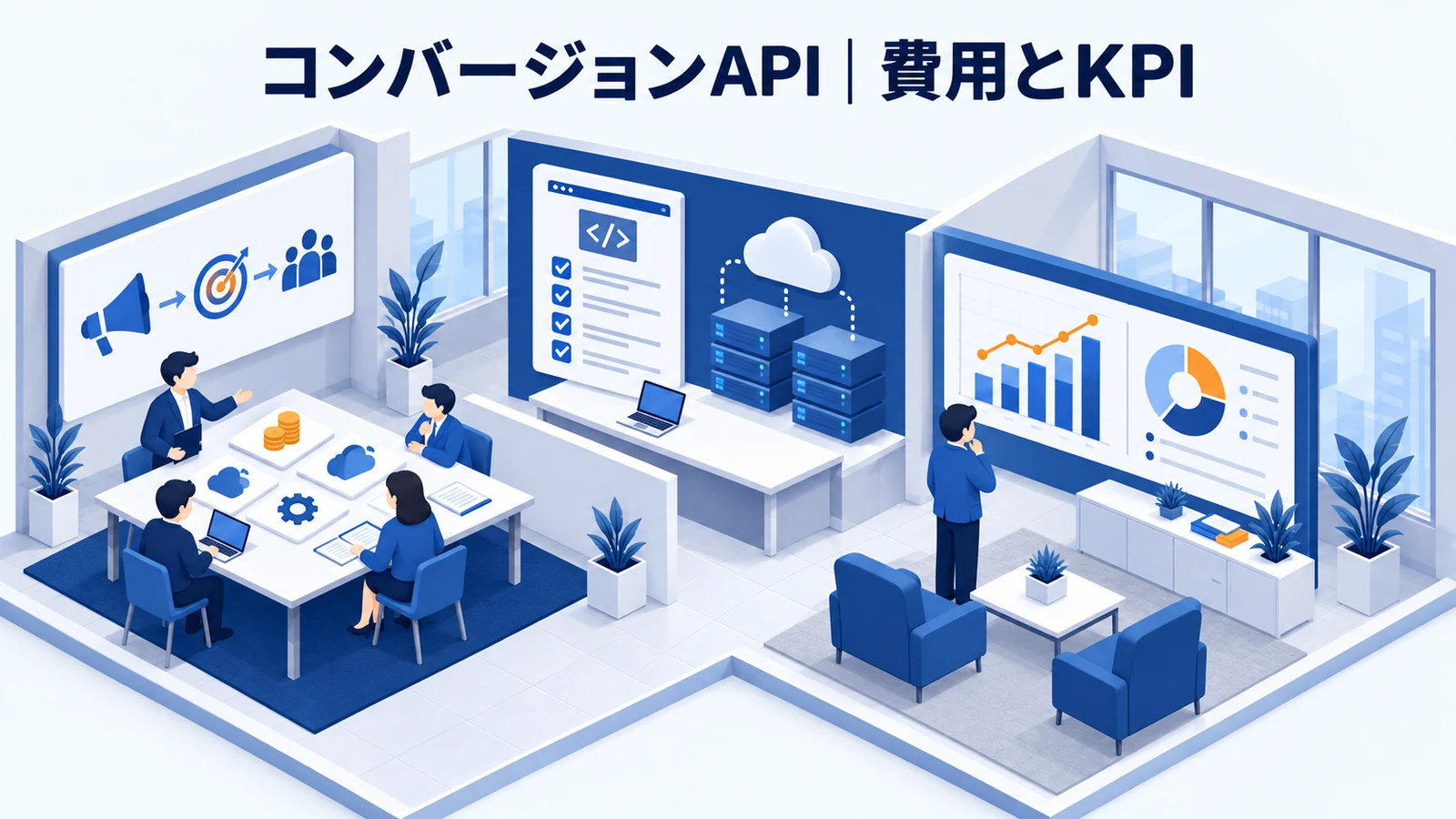 コンバージョンAPIの費用・導入手順・KPIを解説する青白のアイソメトリック図