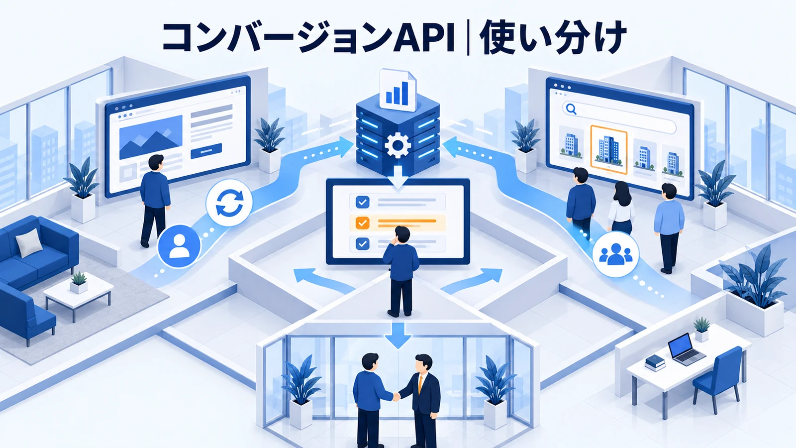 ライバルマーケティング広告との使い分け・FAQを解説する青白のアイソメトリック図