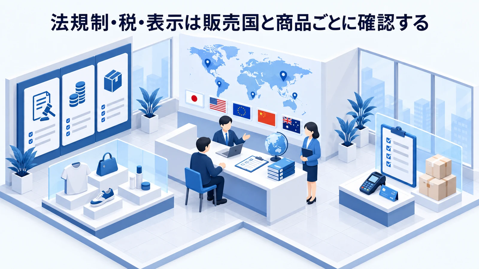 「法規制・税・表示は販売国と商品ごとに確認する」の要点を整理したImage 2.0図解