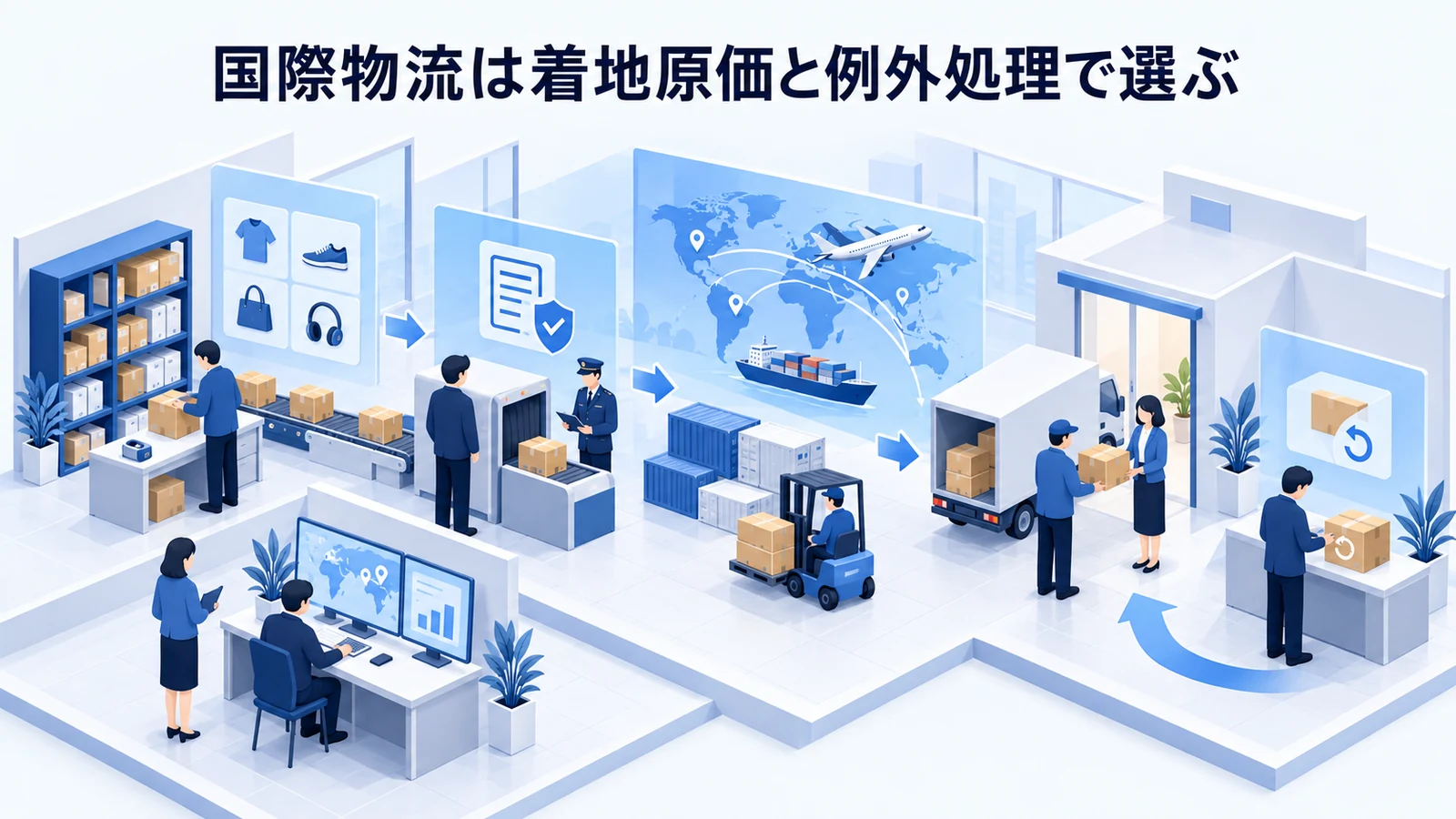 「国際物流は着地原価と例外処理で選ぶ」の要点を整理したImage 2.0図解