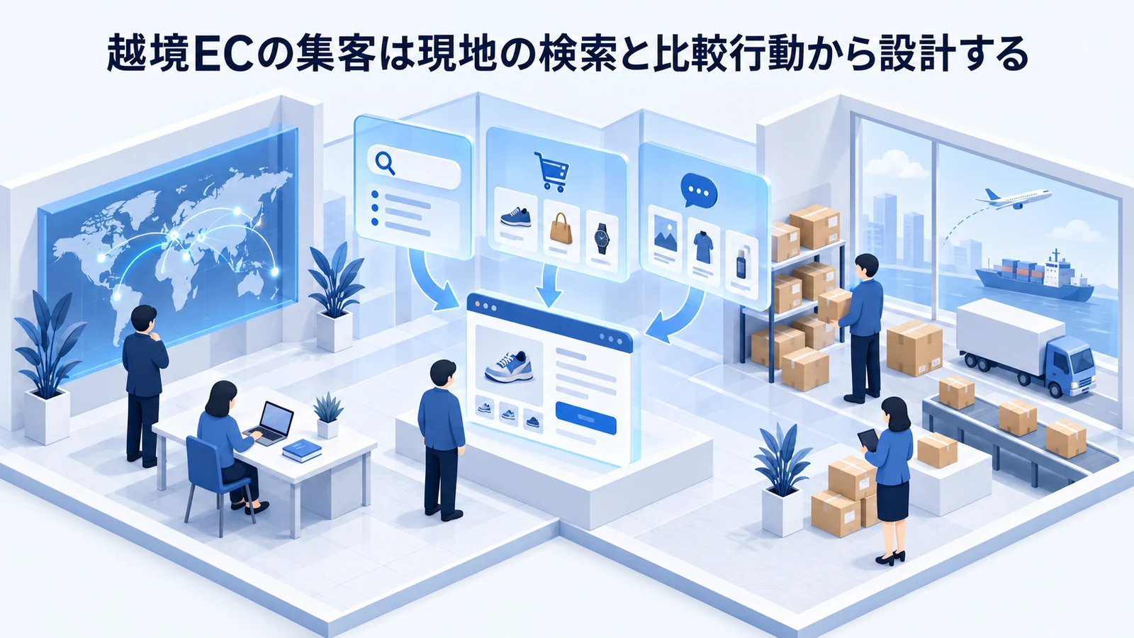 「越境ECの集客は現地の検索と比較行動から設計する」の要点を整理したImage 2.0図解