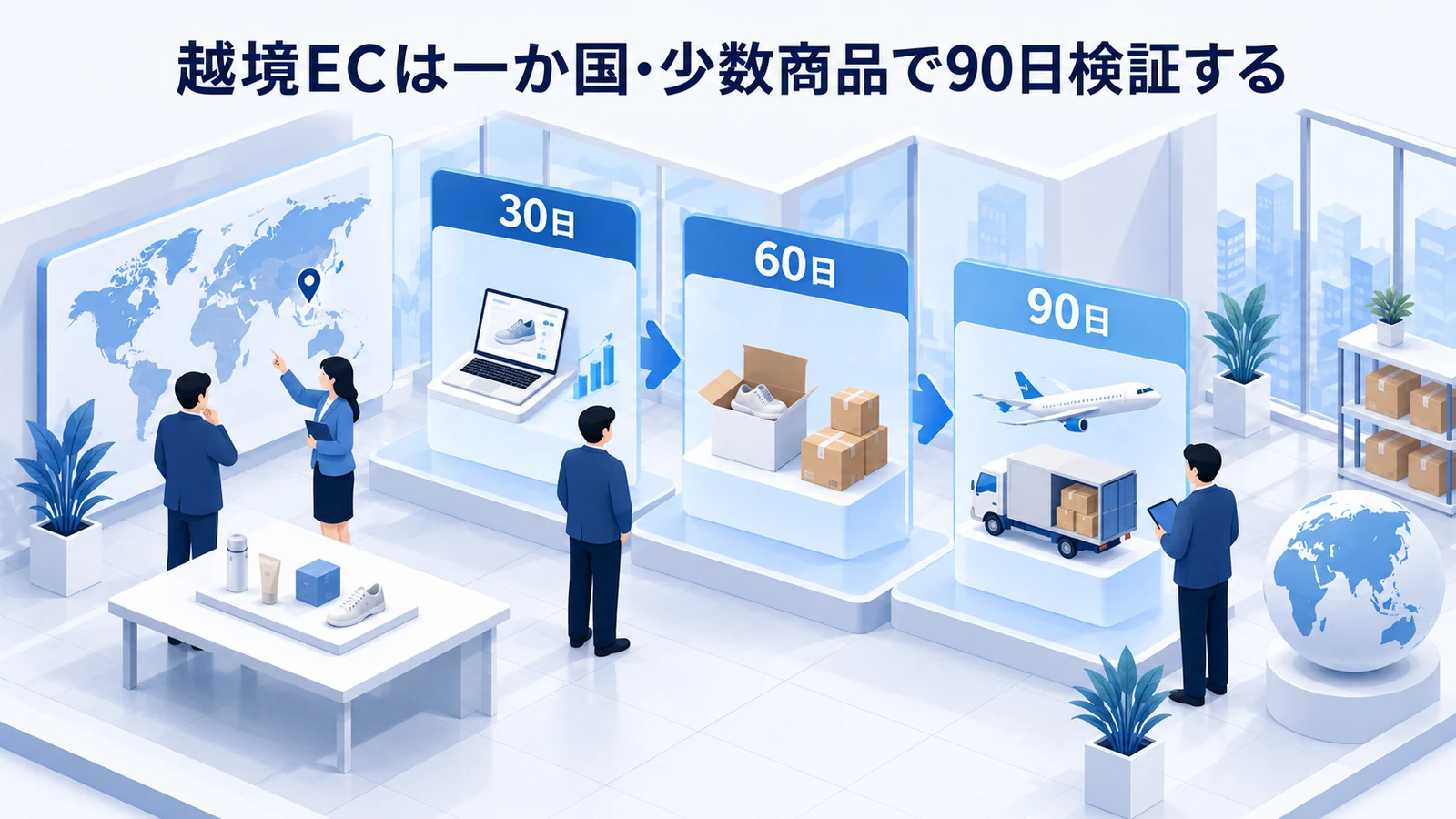 「越境ECは一か国・少数商品で90日検証する」の要点を整理したImage 2.0図解