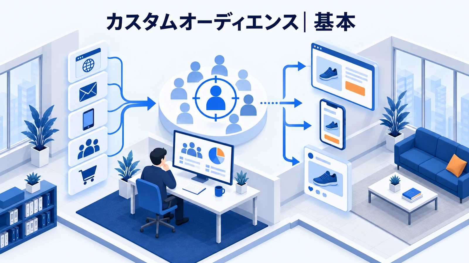 カスタムオーディエンスとは?現在の役割を解説する青白のアイソメトリック図