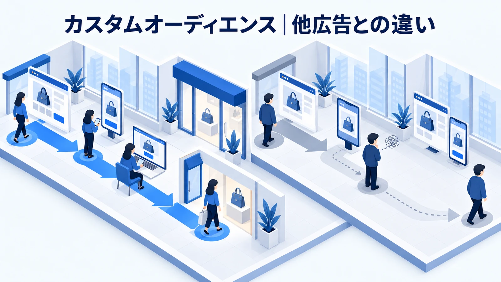 カスタムオーディエンスとリターゲティング・他の広告の違いを解説する青白のアイソメトリック図