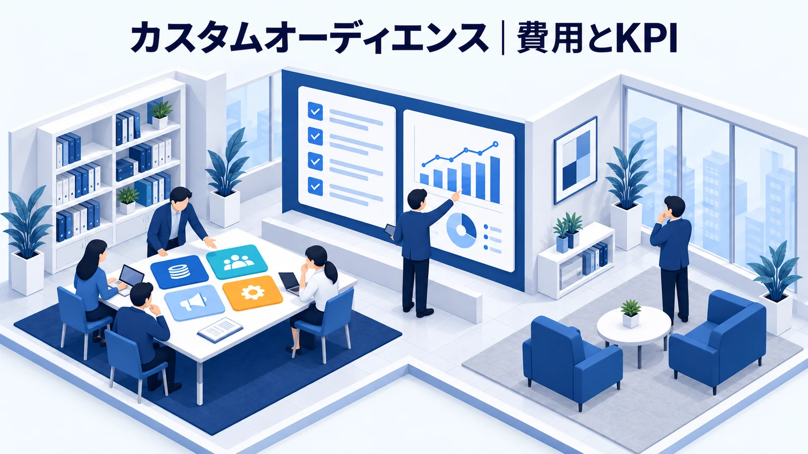 カスタムオーディエンスの費用・導入手順・KPIを解説する青白のアイソメトリック図