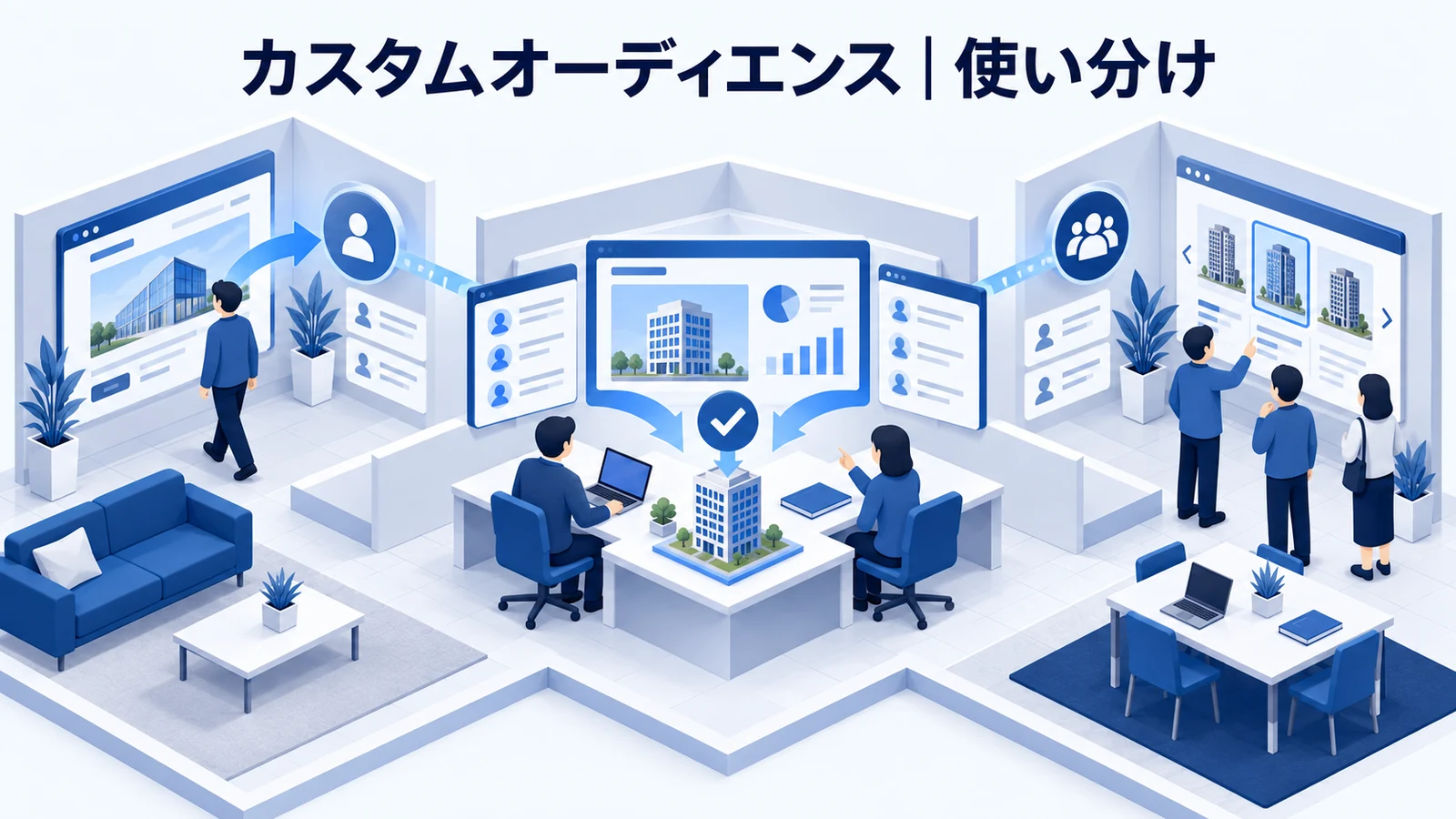 ライバルマーケティング広告との使い分け・FAQを解説する青白のアイソメトリック図