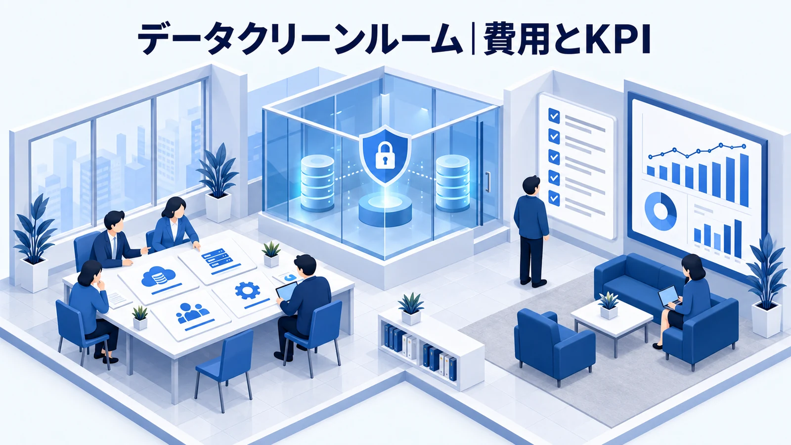 データクリーンルームの費用・導入手順・KPIを解説する青白のアイソメトリック図