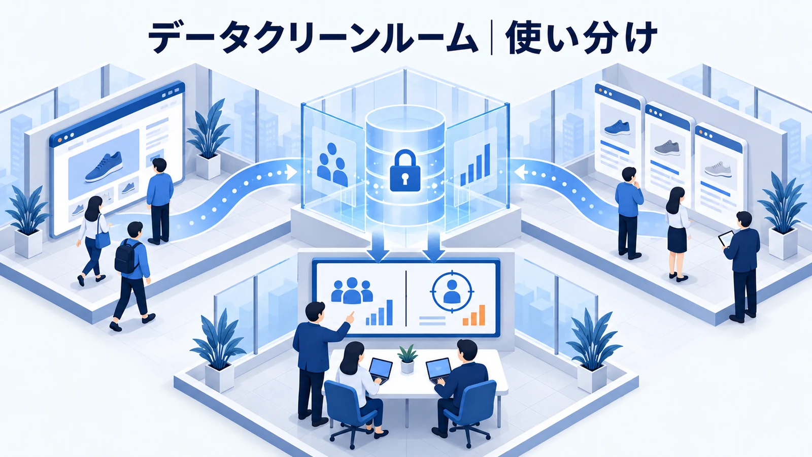 ライバルマーケティング広告との使い分け・FAQを解説する青白のアイソメトリック図
