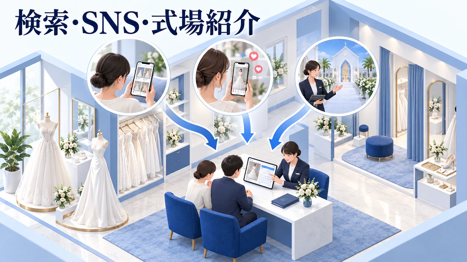 検索・SNS・式場紹介を、試着する人の段階に合わせるの図解