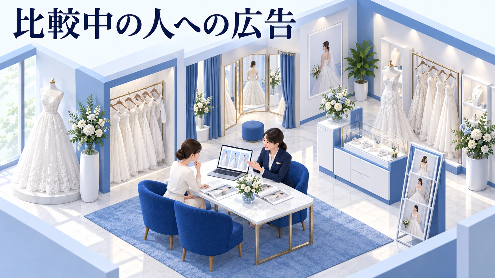 比較中の人へ広告を出すなら、試着できる商品へつなぐの図解