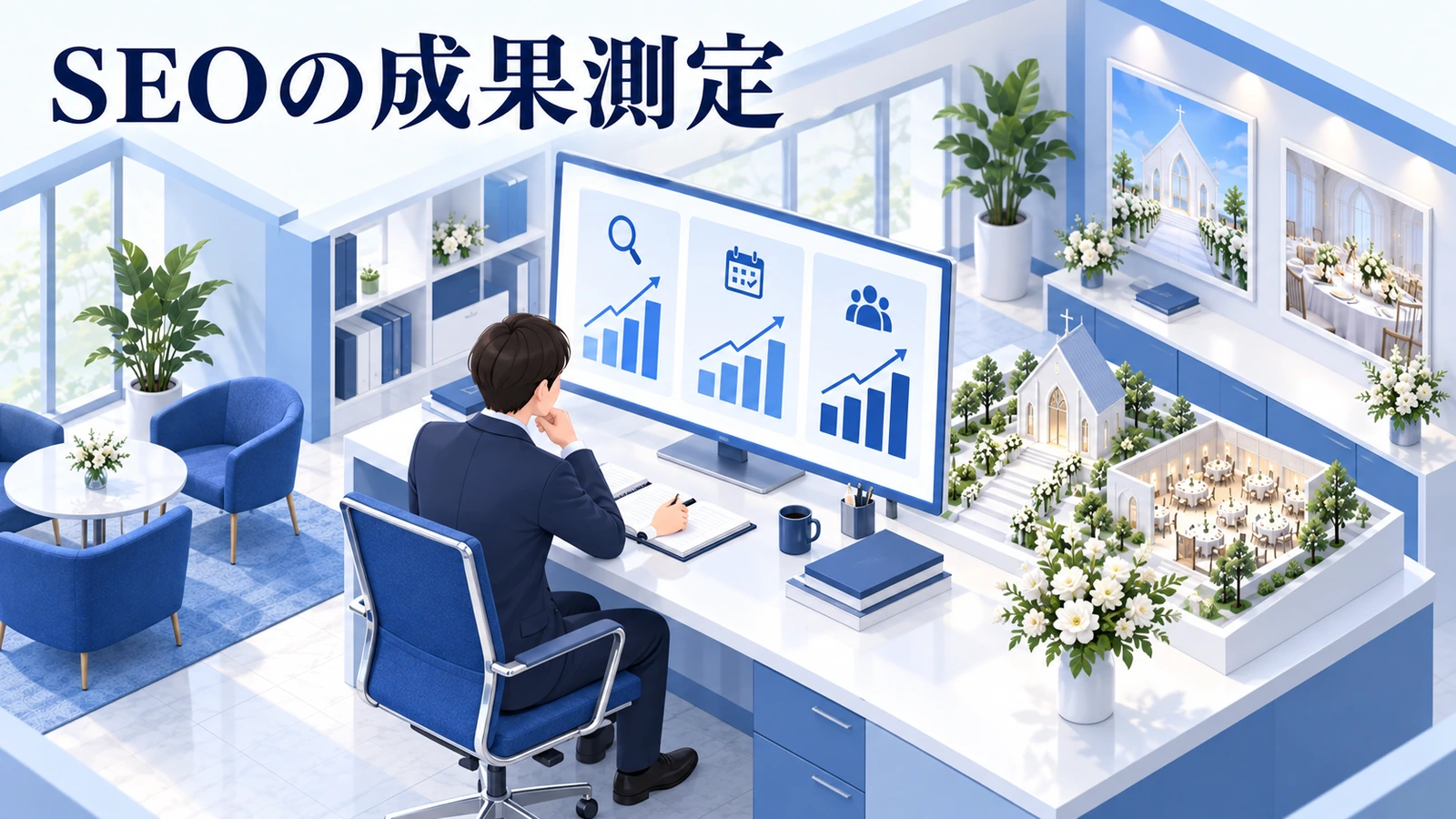 SEOの費用と成果は、検索・予約・更新作業に分けて測るの図解