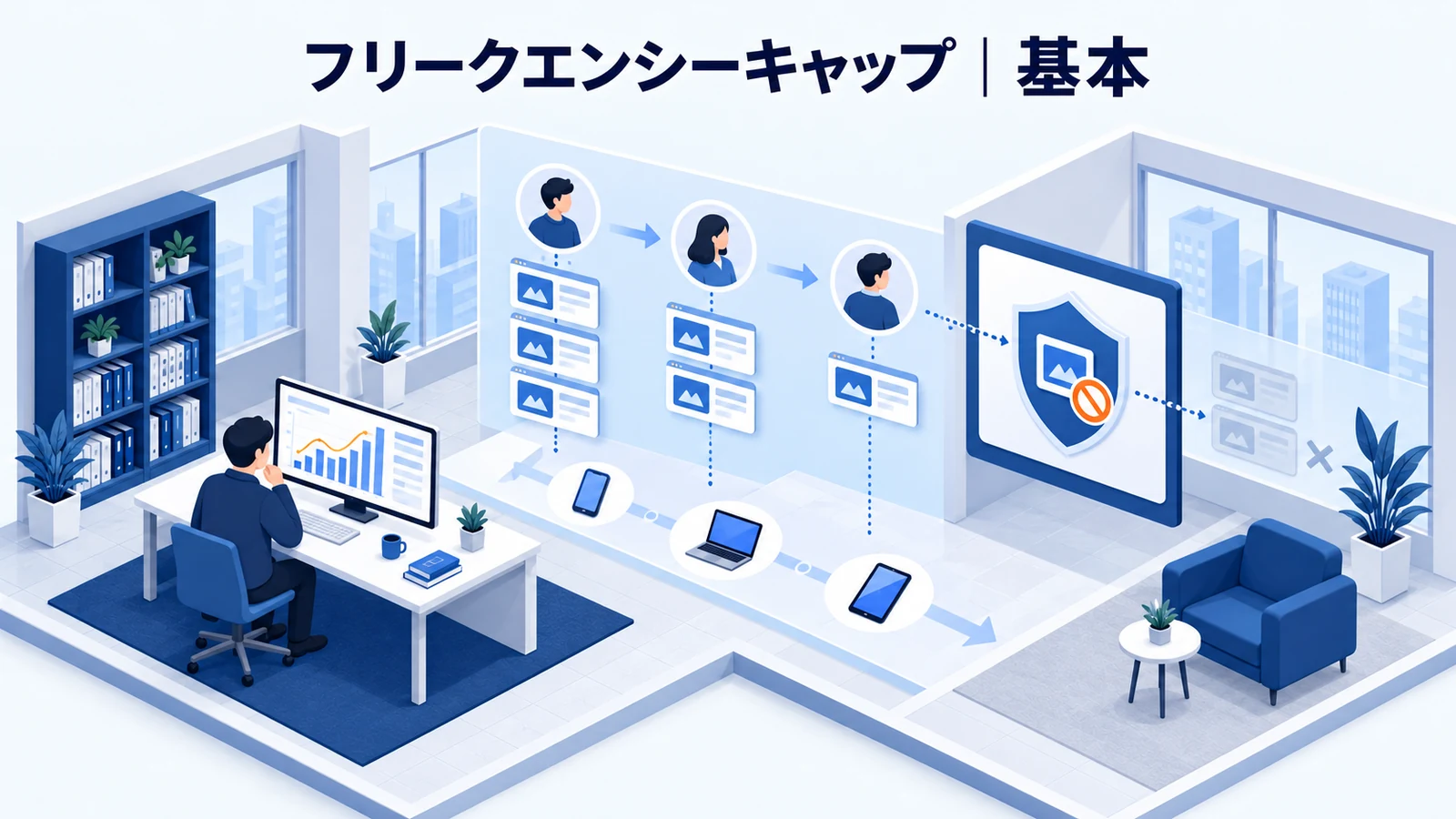 フリークエンシーキャップとは?現在の役割を解説する青白のアイソメトリック図