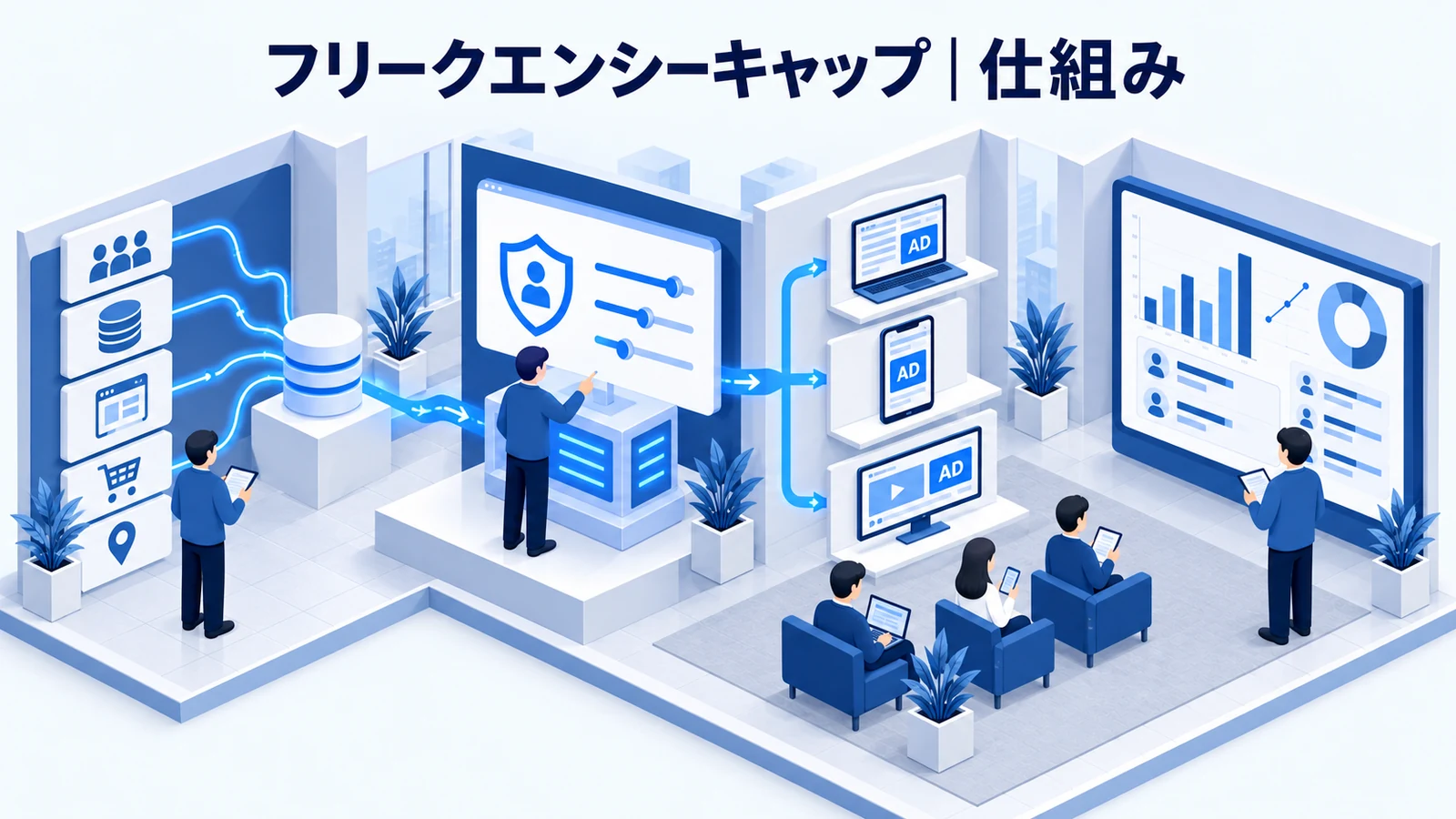 フリークエンシーキャップの仕組みと実務上の注意点を解説する青白のアイソメトリック図