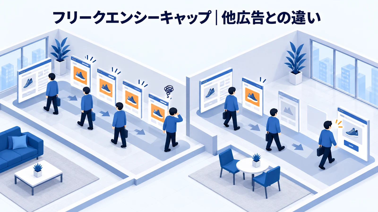 フリークエンシーキャップとリターゲティング・他の広告の違いを解説する青白のアイソメトリック図