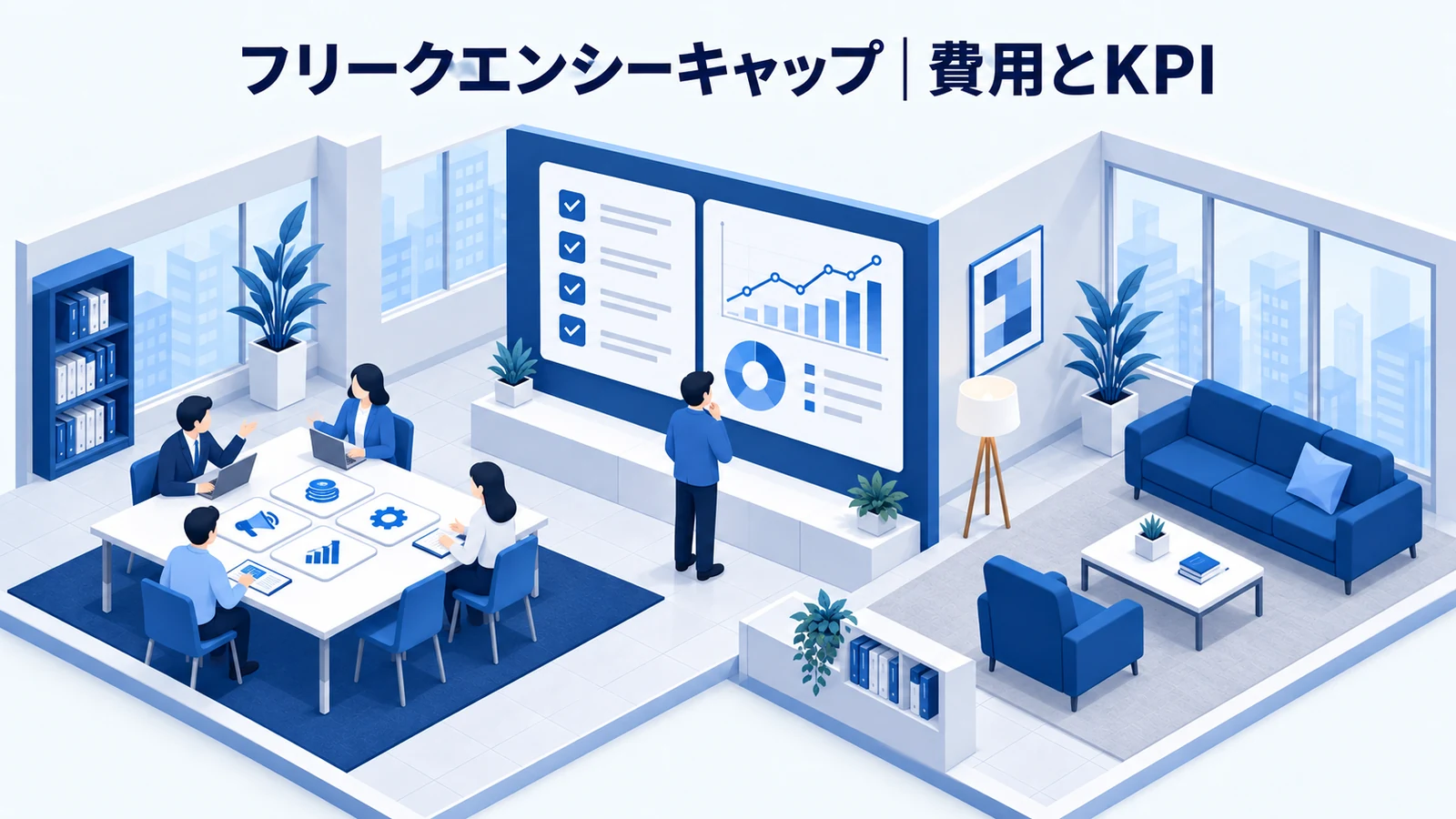 フリークエンシーキャップの費用・導入手順・KPIを解説する青白のアイソメトリック図