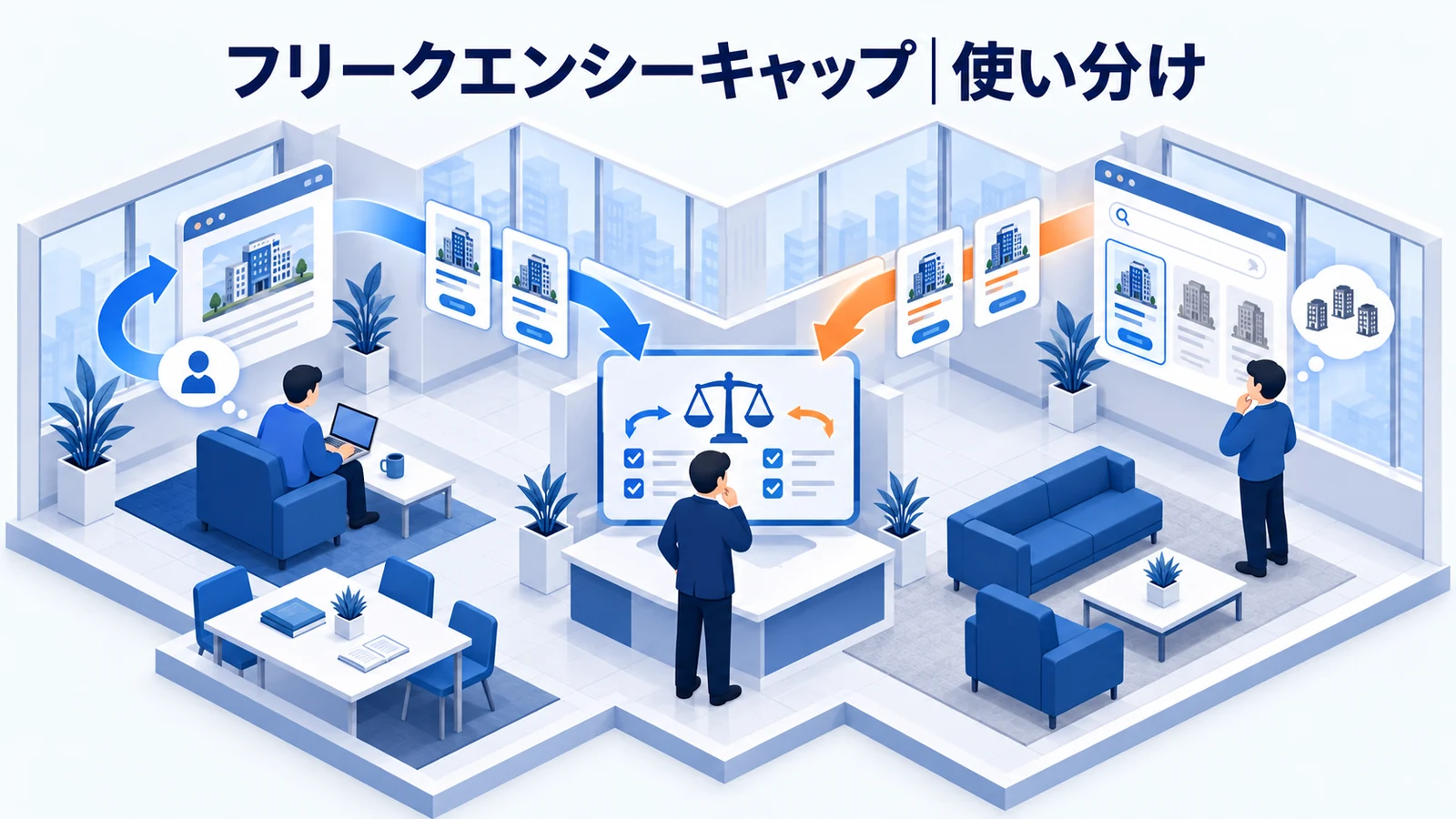 ライバルマーケティング広告との使い分け・FAQを解説する青白のアイソメトリック図