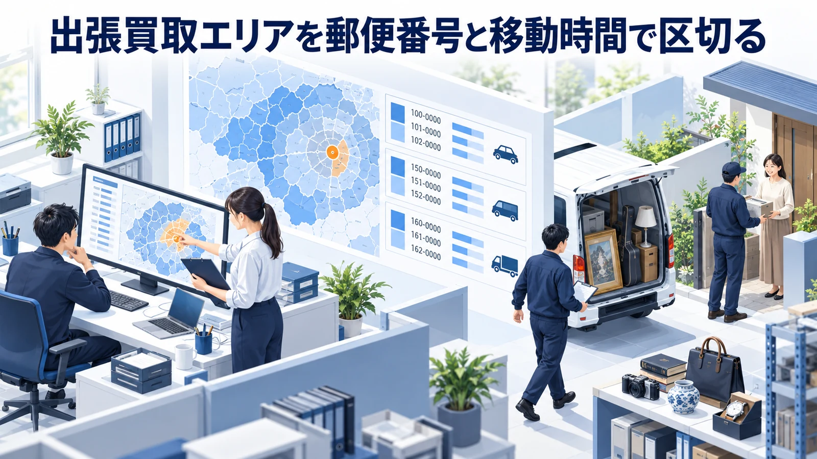出張買取エリアを郵便番号と移動時間で区切るを整理したImage 2.0図解