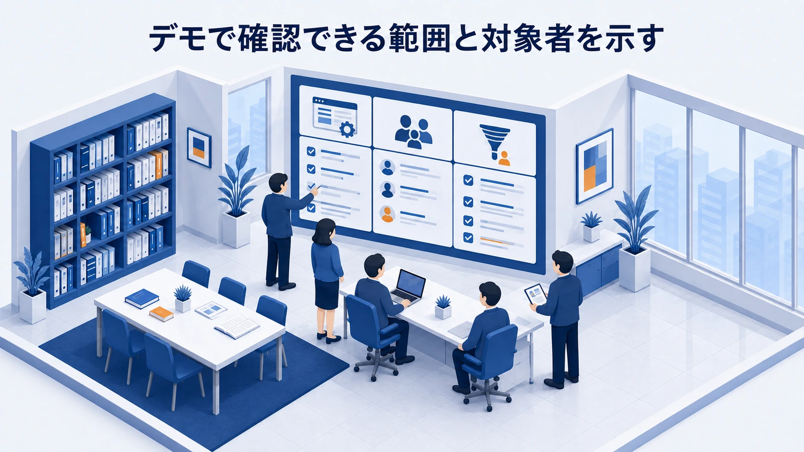 「デモで確認できる範囲と対象者を示す」の要点を整理したImage 2.0図解