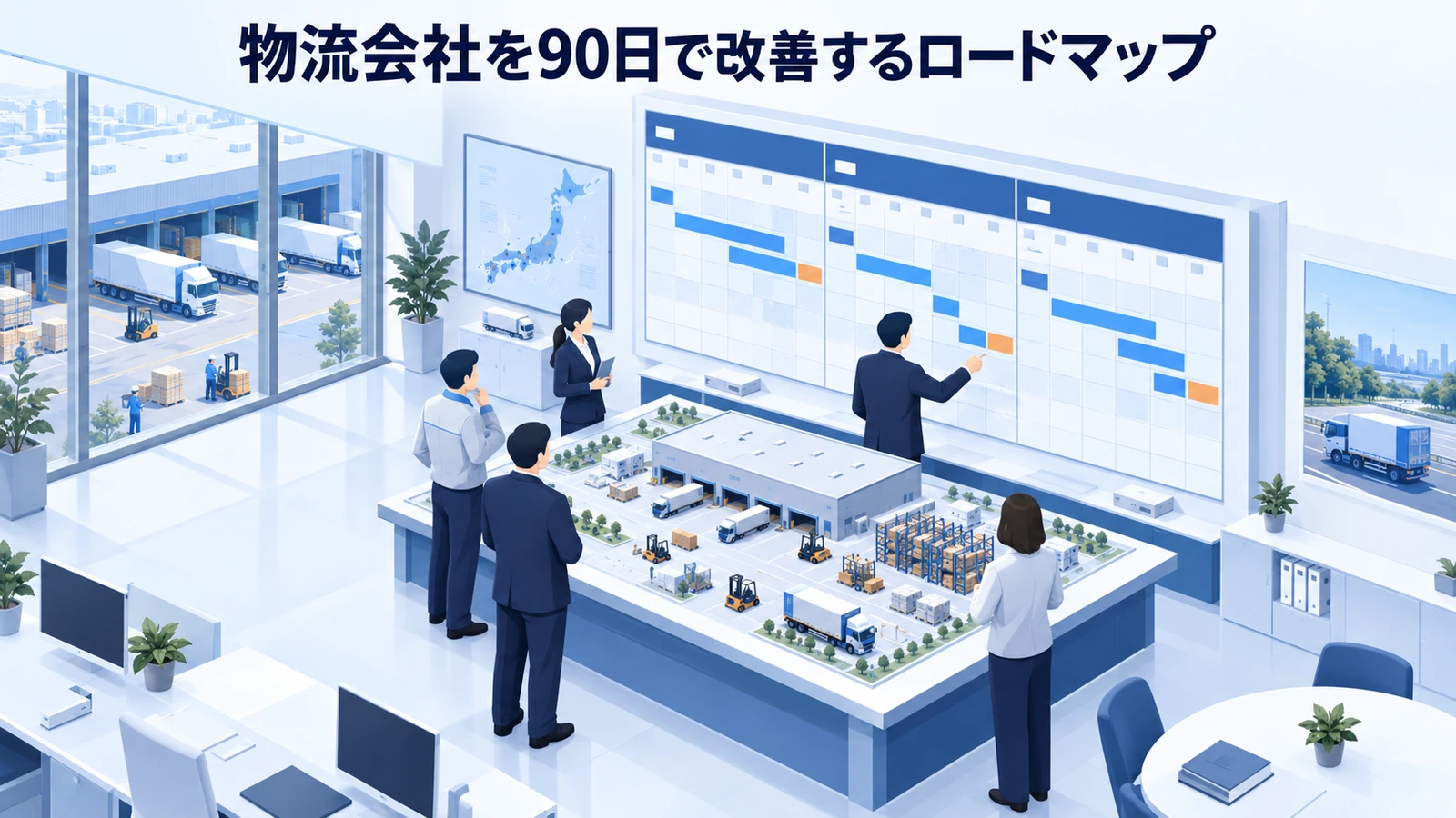 「物流会社を90日で改善するロードマップ」の要点を整理したImage 2.0図解