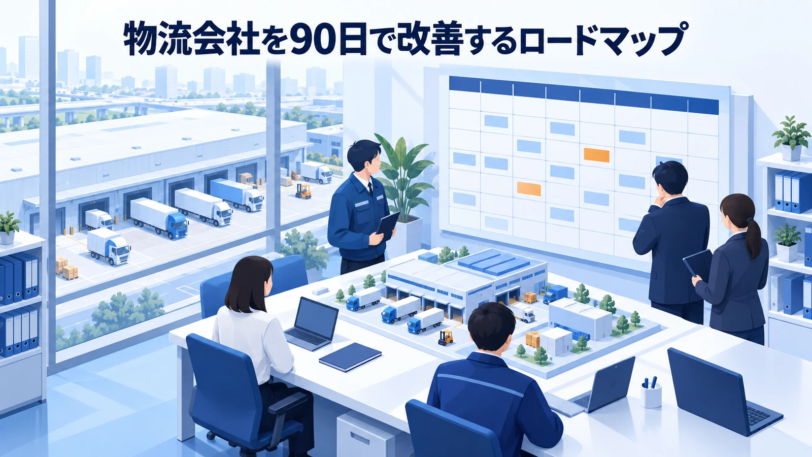 「物流会社を90日で改善するロードマップ」の要点を整理したImage 2.0図解