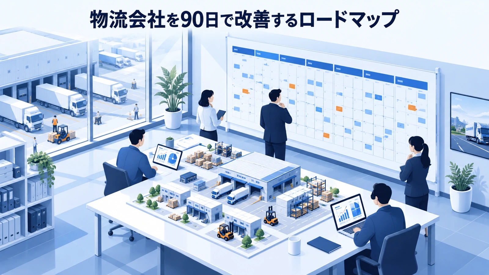 「物流会社を90日で改善するロードマップ」の要点を整理したImage 2.0図解